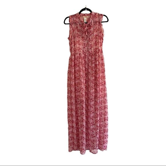 BAND OF GYPSIES Boho Sleeveless Floral Print Maxi Dress With Tie Neck Pink S - Picture 1 of 14